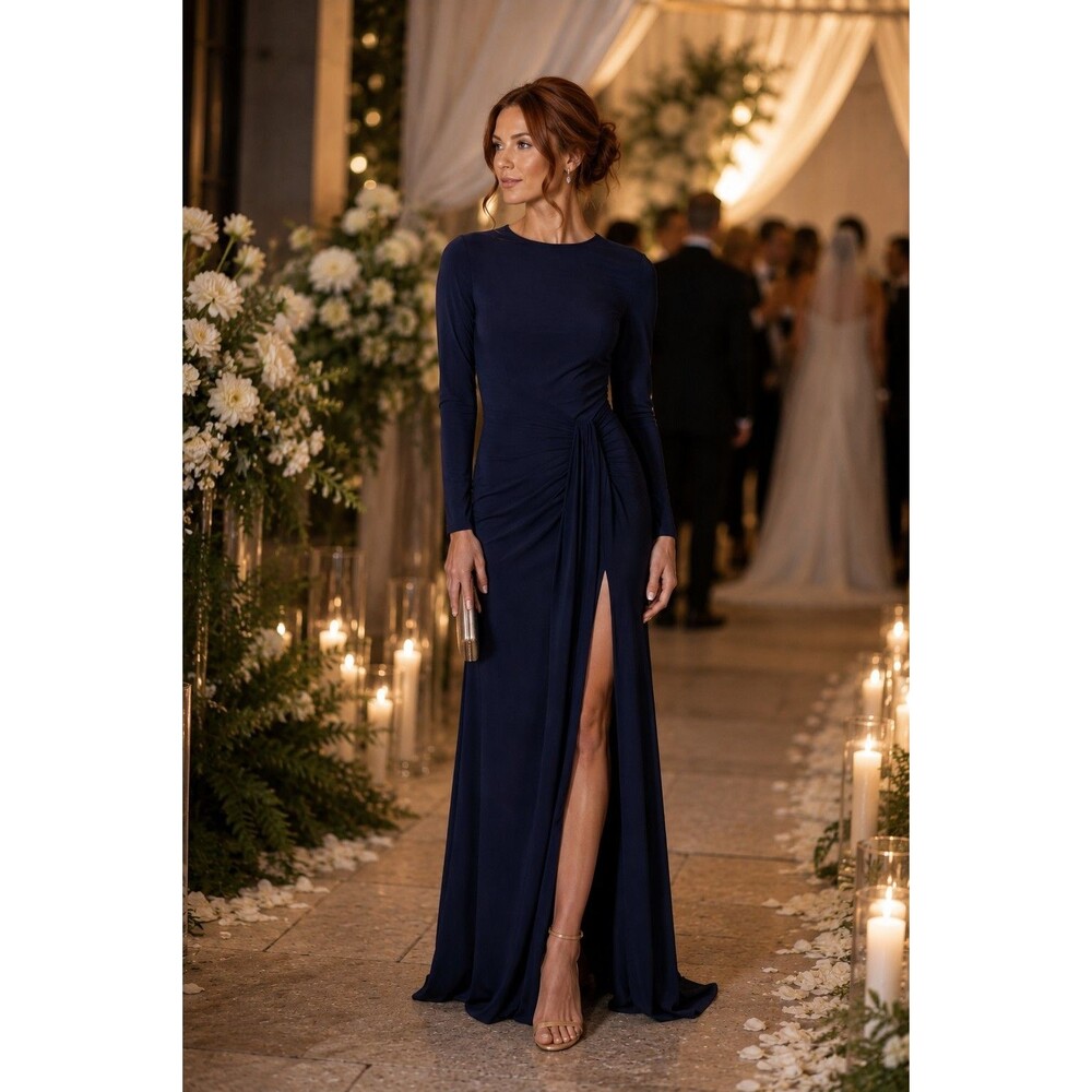 NWT Ieena for Mac Duggal 44070 Long Sleeve Ruched Waist Jersey Gown S Midnight